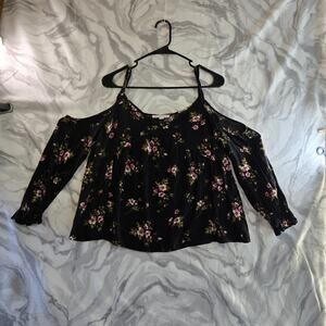 American Eagle Elbow Length Off-the-Shoulder Floral Black Women's Shirt Size M